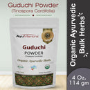 Package of Guduchi Powder by AyuMantra on a light gray background