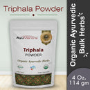 Packaging of Triphala Powder by AyuMantra with branding and product details.