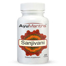 A bottle of AyuMantra Sanjivani dietary supplement with 60 tablets, featuring a floral design on the label.