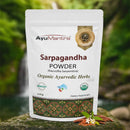 AyuMantra Sarpagandha Powder packaging with a natural background