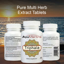 AyuMantra Triphala dietary supplement bottles with a sunset over water background