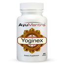 A bottle of Yoginex dietary supplement tablets by AyuMantra with 60 tablets inside.