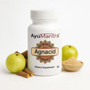 AyuMantra Agnacid dietary supplement bottle with ingredients on a white background.