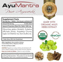 AyuMantra Pure Ayurveda supplement label with ingredients and certification logos.