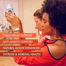 Two women sitting together with a bottle of supplements, text about supplement benefits.