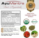AyuMantra Pure Ayurveda supplement label with ingredients and certification logos.