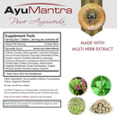 AyuMantra Pure Ayurveda supplement facts label with herb images and certification emblem.