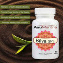 AyuMantra Bilva SPL dietary supplement bottle with text on a brown background.