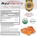 AyuMantra Pure Ayurveda supplement label with organic certification logos and bilva extract imagery.