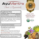 AyuMantra Pure Ayurveda supplement label with ingredients and branding details.