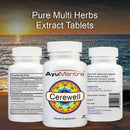 AyuMantra Cerewell dietary supplement bottles with a sunset over water background.