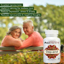 Two elderly people sitting on a bench with an AyuMantra Dep-end supplement bottle in the foreground.