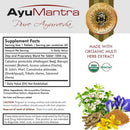 AyuMantra Pure Ayurveda supplement label with ingredients and branding details.