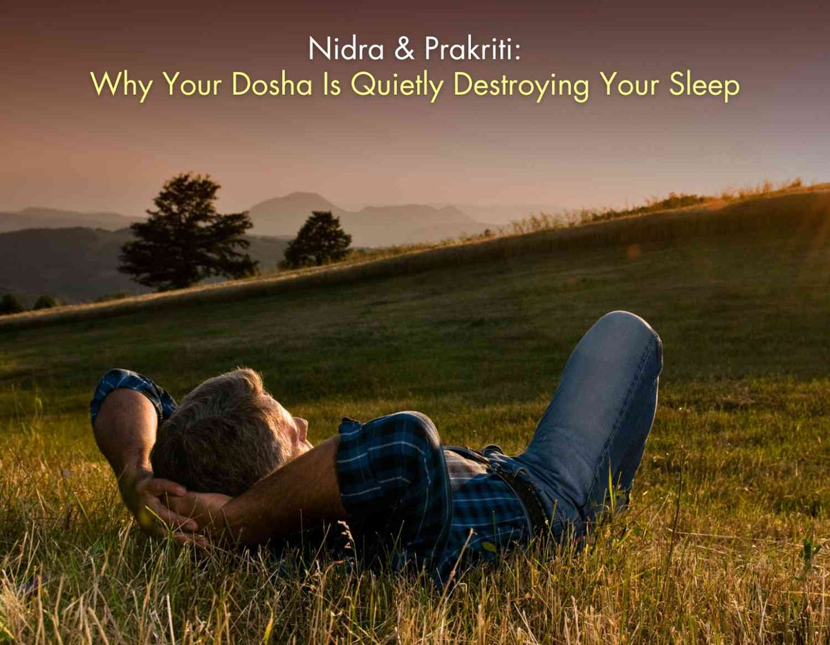 A man sleeping peacefully at day in the grass yard restorative Nidra as defined by Ayurvedic dosha principles