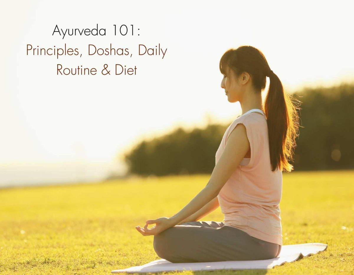A woman practicing yoga outdoors, reflecting the Ayurvedic principles, doshas, daily routine and balance for health and wellness