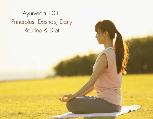 A woman practicing yoga outdoors, reflecting the Ayurvedic principles, doshas, daily routine and balance for health and wellness