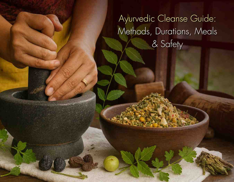 Ayurvedic cleanse prep with mortar, pestle, and fresh herbs in a rustic kitchen scene.