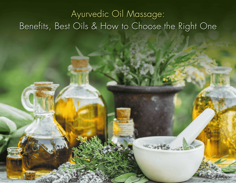 Ayurvedic massage oils with herbs and natural elements, representing Ayumantra's premium wellness products