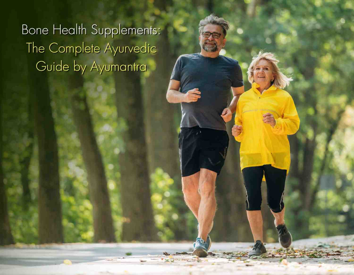A man and a woman jog together on a sunny day with greenery, promoting a healthy bone-lifestyle.
