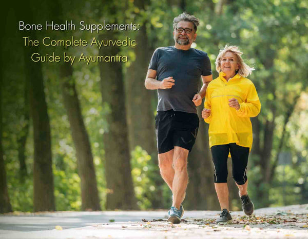 A man and a woman jog together on a sunny day with greenery, promoting a healthy bone-lifestyle.