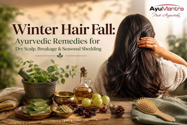 Woman applying warm herbal oil to scalp in winter Ayurvedic pre-wash hair care routine