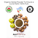 Organic herbal powder with certification logos and AyuMantra branding on a white background
