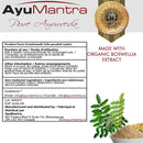AyuMantra Pure Ayurveda packaging label featuring product facts, a gold seal, and botanical imagery including a green leafy plant, a white bowl, and pinkish powder.