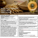 A product information card for AyuMantra Herb Extract, featuring a circular gold seal of the Royal Mint of Canada, a white background with black text, and a gold logo at the top.