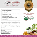 AyuMantra Abhyanga Oil packaging with ingredients list, organic certification logos, and product description.