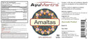 AyuMantra Amaltas supplement label with colorful logo and text.