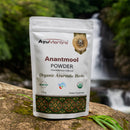 AyuMantra Anantmool Powder packaging on a rock with a natural background