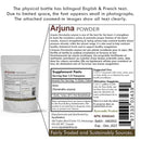Label of Arjuna powder packaging with supplement facts and product details.