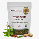 Ayush Kwath Powder packaging with herbs on a white background