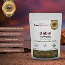 AyuMantra Babul Powder benefits packaged with the product details on a desert background