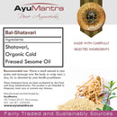 AyuMantra Bal-Shatavari product packaging with ingredients list and branding details.