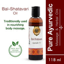 Bottle of Bal-Shatavari Ayurvedic Oil with branding and product details on a white background.