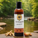 Bottle of Bal-Ashwagandha Ayurvedic Oil with natural elements on a blurred nature background