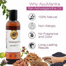 AyuMantra Bal-Ashwagandha oil bottle with natural ingredients and benefits on a white background