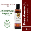 Bal-Ashwagandha oil bottle with product description on a white background