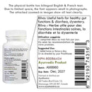 Bottle label with Ayurvedic product information, including text and barcodes.