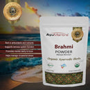 AyuMantra Brahmi Powder packaging with a scenic background