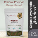 Package of AyuMantra Brahmi Powder with branding and product details on a light gray background
