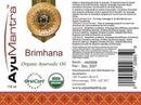 Label of AyuMantra Brimhana Organic Ayurvedic Oil with certification logos and product details.