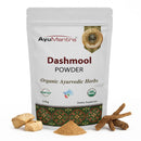 AyuMantra Dashmool Powder packaging with organic certification logos on a white background