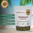 AyuMantra Dashmool Powder packaging with product details on a scenic background