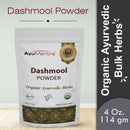 Package of AyuMantra Dashmool Powder with branding and product details on a light gray background.