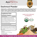 AyuMantra Dashmool Powder packaging with supplement facts and organic certification logos.