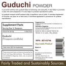 Label of Guduchi Powder supplement with text and barcode on a white background
