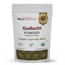 A package of Guduchi Powder (Tinospora cordifolia) branded by AyuMantra, categorized under Organic Ayurvedic Herbs.