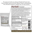 Haritaki powder packaging with English and French text, supplement facts, and branding details.